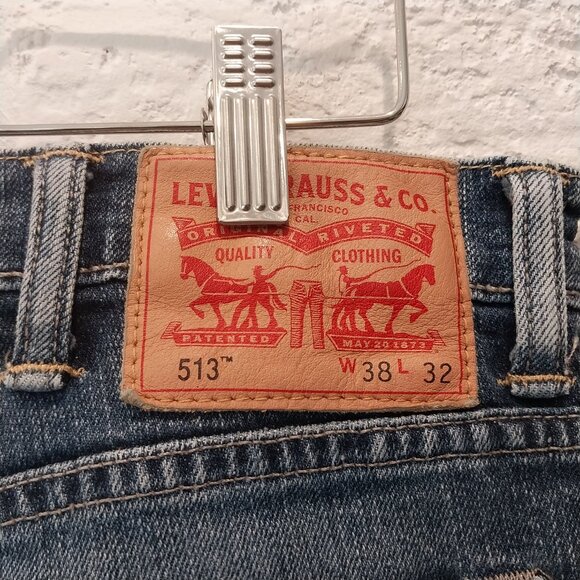 Levis 513 Jeans Mens 38x32 Blue Denim Whiskers Straight Leg Faded Stretch - Picture 2 of 12